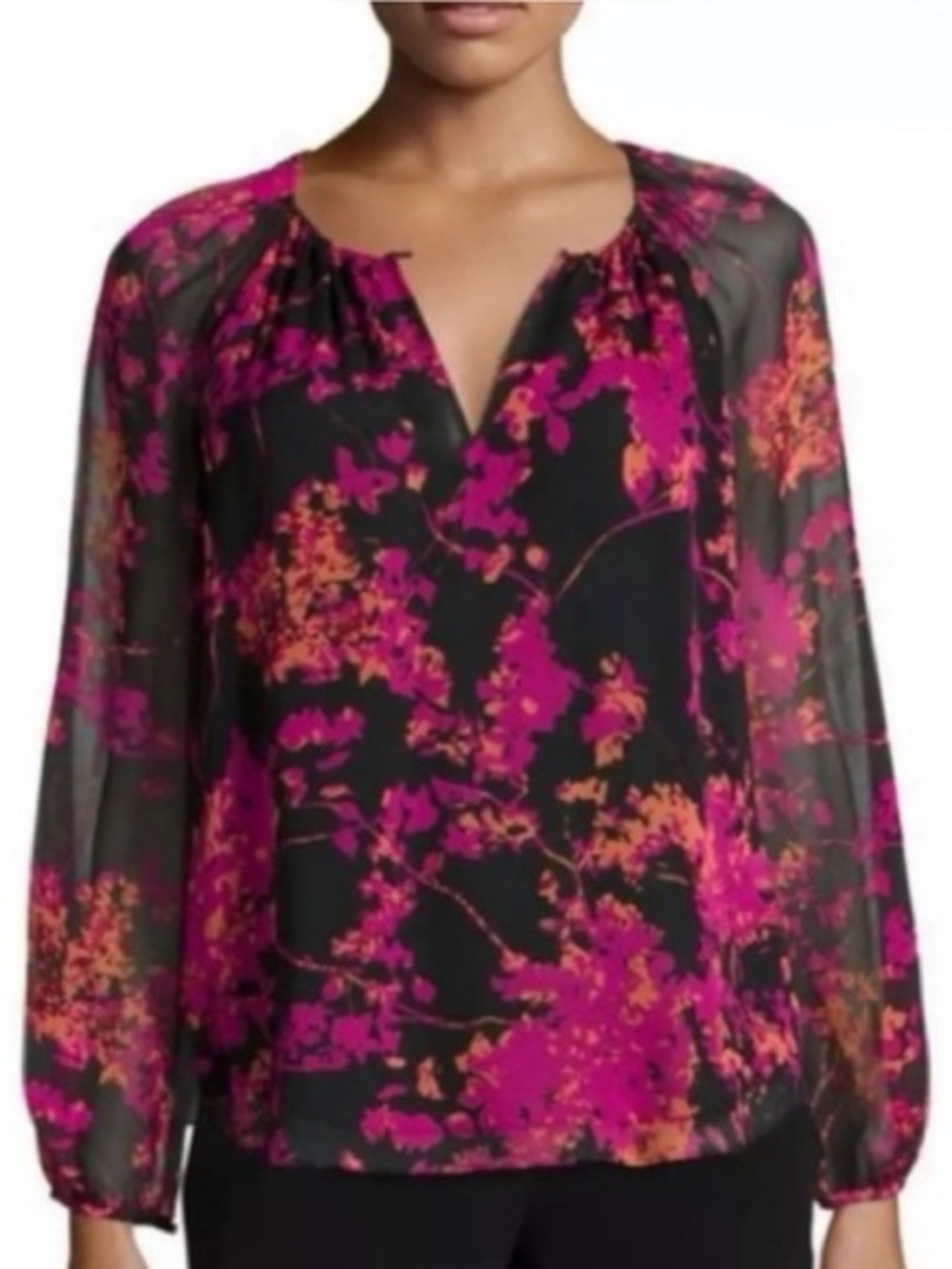 Diane von Furstenberg Marnie Floral Silk & Poly Lined Blouse Pink Black Top